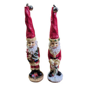 Vtg 5" Resin Wood-Look Santa Figurines Tall Hat Bells Thin Rustic Shelf Sitter